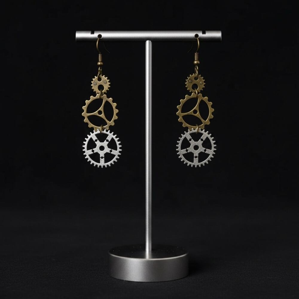 🧚🏻‍♀️ Steampunk Gear Dangle Earrings 3” Industrial Clockwork Style